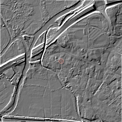 Shaded relief map of the ground around BH241ED, computed from Environment Agency LiDAR. The ground here sits at about 15 m above sea level and falls 11 m across the surrounding 800 m. Surface water reaching this point runs off ground lying to the north-north-west, 0.6 m higher.
