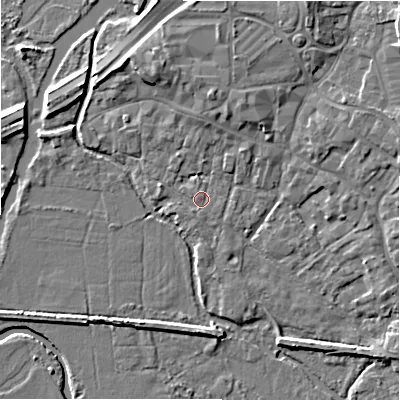 Shaded relief map of the ground around BH241EF, computed from Environment Agency LiDAR. The ground here sits at about 14 m above sea level and falls 7 m across the surrounding 800 m. Surface water reaching this point runs off ground lying to the west-north-west, 1.5 m higher.
