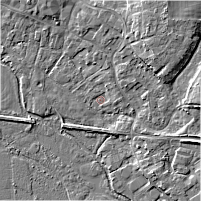 Shaded relief map of the ground around BH241EG, computed from Environment Agency LiDAR. The ground here sits at about 14 m above sea level and falls 9 m across the surrounding 800 m. Surface water reaching this point runs off ground lying to the north-north-east, 8.4 m higher.
