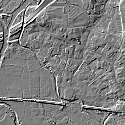 Shaded relief map of the ground around BH241EH, computed from Environment Agency LiDAR. The ground here sits at about 14 m above sea level and falls 7 m across the surrounding 800 m. Surface water reaching this point runs off ground lying to the north, 4.1 m higher.