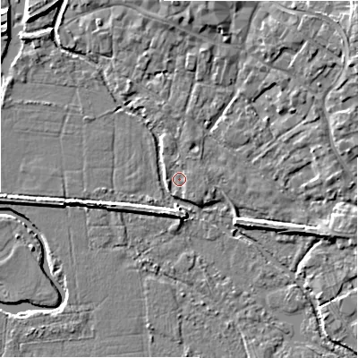 Shaded relief map of the ground around BH241EJ, computed from Environment Agency LiDAR. The ground here sits at about 14 m above sea level and falls 7 m across the surrounding 800 m. Surface water reaching this point runs off ground lying to the north-north-west, 1.2 m higher.