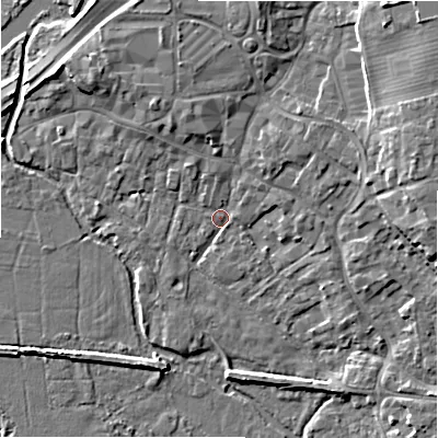 Shaded relief map of the ground around BH241EL, computed from Environment Agency LiDAR. The ground here sits at about 14 m above sea level and falls 9 m across the surrounding 800 m. Surface water reaching this point runs off ground lying to the north-east, 7.7 m higher.
