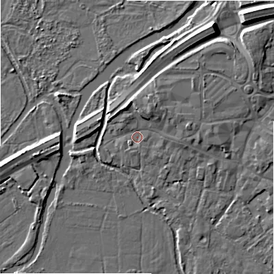Shaded relief map of the ground around BH241EN, computed from Environment Agency LiDAR. The ground here sits at about 15 m above sea level and falls 11 m across the surrounding 800 m. Surface water reaching this point runs off ground lying to the north-north-east, 3.6 m higher.