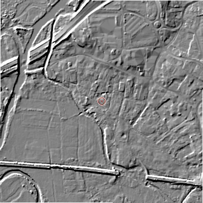 Shaded relief map of the ground around BH241EP, computed from Environment Agency LiDAR. The ground here sits at about 14 m above sea level and falls 7 m across the surrounding 800 m. Surface water reaching this point runs off ground lying to the west-north-west, 1.5 m higher.