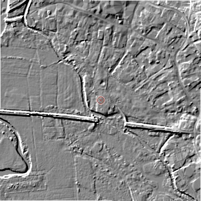 Shaded relief map of the ground around BH241EQ, computed from Environment Agency LiDAR. The ground here sits at about 14 m above sea level and falls 8 m across the surrounding 800 m. The ground contributing surface water to this point lies to the north-north-east.