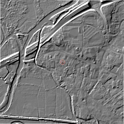 Shaded relief map of the ground around BH241ET, computed from Environment Agency LiDAR. The ground here sits at about 15 m above sea level and falls 11 m across the surrounding 800 m. Surface water reaching this point runs off ground lying to the north-east, 1.3 m higher.