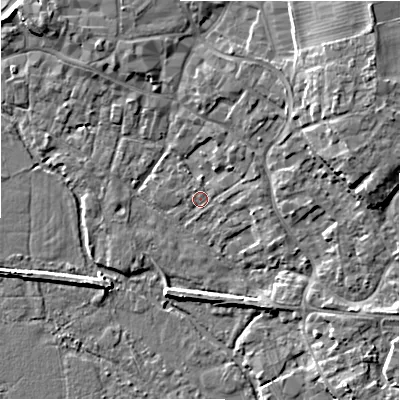 Shaded relief map of the ground around BH241GY, computed from Environment Agency LiDAR. The ground here sits at about 14 m above sea level and falls 9 m across the surrounding 800 m. Surface water reaching this point runs off ground lying to the north-east, 2.5 m higher.
