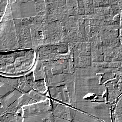 Shaded relief map of the ground around BH241ND, computed from Environment Agency LiDAR. The ground here sits at about 20 m above sea level and falls 11 m across the surrounding 800 m. Surface water reaching this point runs off ground lying to the south-south-west, 0.7 m higher.