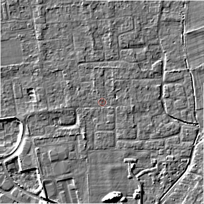 Shaded relief map of the ground around BH241NL, computed from Environment Agency LiDAR. The ground here sits at about 20 m above sea level and falls 10 m across the surrounding 800 m. Surface water reaching this point runs off ground lying to the north-north-west, 1.5 m higher.