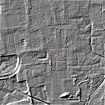 Shaded relief map of the ground around BH241NP, computed from Environment Agency LiDAR. The ground here sits at about 20 m above sea level and falls 10 m across the surrounding 800 m. Surface water reaching this point runs off ground lying to the south-west, 0.7 m higher.