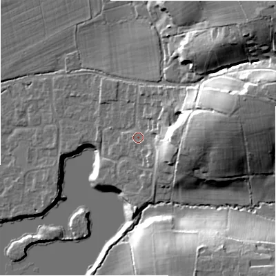 Shaded relief map of the ground around BH241QU, computed from Environment Agency LiDAR. The ground here sits at about 25 m above sea level and falls 37 m across the surrounding 800 m. Surface water reaching this point runs off ground lying to the east, 19.0 m higher.