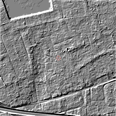 Shaded relief map of the ground around BH241RT, computed from Environment Agency LiDAR. The ground here sits at about 22 m above sea level and falls 6 m across the surrounding 800 m. Surface water reaching this point runs off ground lying to the east-north-east, 1.5 m higher.