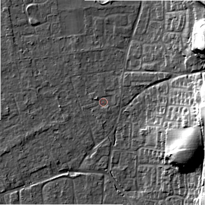 Shaded relief map of the ground around BH241SD, computed from Environment Agency LiDAR. The ground here sits at about 23 m above sea level and falls 26 m across the surrounding 800 m. Surface water reaching this point runs off ground lying to the north-east, 1.4 m higher.