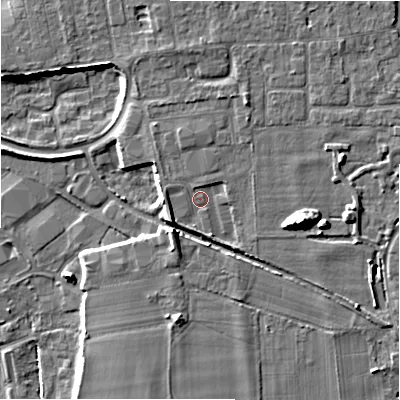 Shaded relief map of the ground around BH241SF, computed from Environment Agency LiDAR. The ground here sits at about 20 m above sea level and falls 13 m across the surrounding 800 m. Surface water reaching this point runs off ground lying to the south-west, 4.1 m higher.