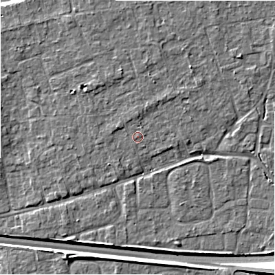 Shaded relief map of the ground around BH241SG, computed from Environment Agency LiDAR. The ground here sits at about 22 m above sea level and falls 8 m across the surrounding 800 m. The ground contributing surface water to this point lies to the north-east.