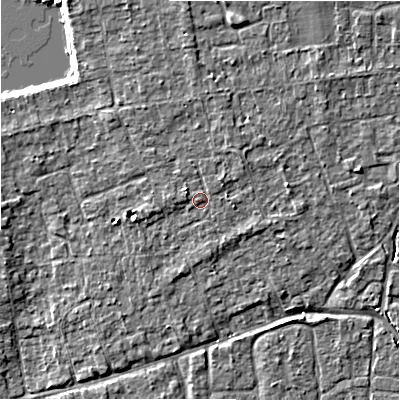 Shaded relief map of the ground around BH241SJ, computed from Environment Agency LiDAR. The ground here sits at about 22 m above sea level and falls 6 m across the surrounding 800 m. Surface water reaching this point runs off ground lying to the north, 2.7 m higher.