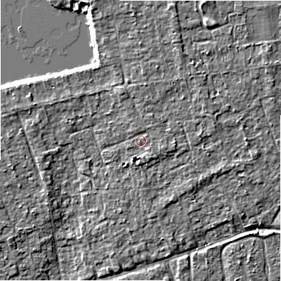 Shaded relief map of the ground around BH241SQ, computed from Environment Agency LiDAR. The ground here sits at about 22 m above sea level and falls 6 m across the surrounding 800 m. Surface water reaching this point runs off ground lying to the south, 2.0 m higher.