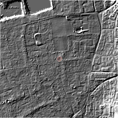 Shaded relief map of the ground around BH241SS, computed from Environment Agency LiDAR. The ground here sits at about 23 m above sea level and falls 14 m across the surrounding 800 m. Surface water reaching this point runs off ground lying to the north, 3.0 m higher.