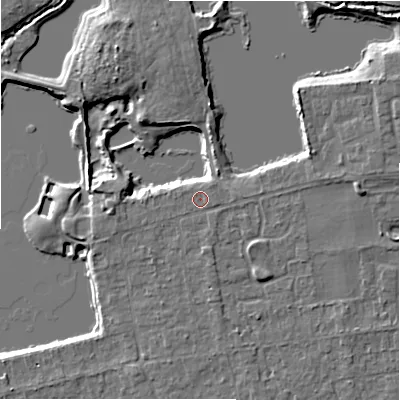Shaded relief map of the ground around BH241SW, computed from Environment Agency LiDAR. The ground here sits at about 23 m above sea level and falls 8 m across the surrounding 800 m. Surface water reaching this point runs off ground lying to the north-east, 0.6 m higher.