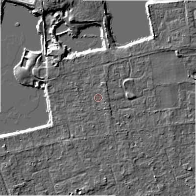 Shaded relief map of the ground around BH241SX, computed from Environment Agency LiDAR. The ground here sits at about 23 m above sea level and falls 8 m across the surrounding 800 m. Surface water reaching this point runs off ground lying to the north-east, 1.1 m higher.