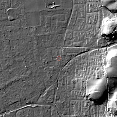 Shaded relief map of the ground around BH241TJ, computed from Environment Agency LiDAR. The ground here sits at about 23 m above sea level and falls 28 m across the surrounding 800 m. Surface water reaching this point runs off ground lying to the north-east, 1.0 m higher.