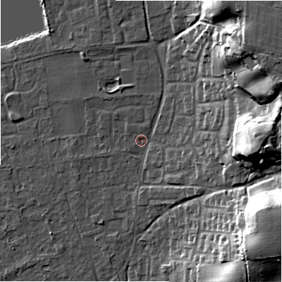 Shaded relief map of the ground around BH241TL, computed from Environment Agency LiDAR. The ground here sits at about 23 m above sea level and falls 28 m across the surrounding 800 m. Surface water reaching this point runs off ground lying to the north-east, 26.2 m higher.