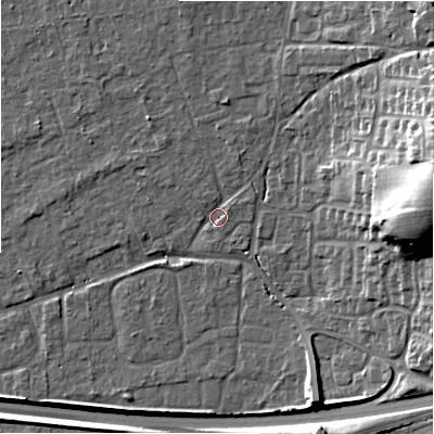 Shaded relief map of the ground around BH241TN, computed from Environment Agency LiDAR. The ground here sits at about 21 m above sea level and falls 23 m across the surrounding 800 m. Surface water reaching this point runs off ground lying to the north-east, 5.9 m higher.