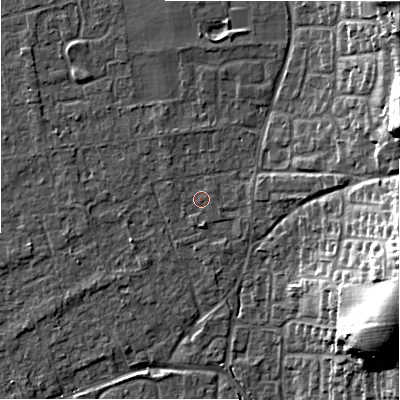 Shaded relief map of the ground around BH241TP, computed from Environment Agency LiDAR. The ground here sits at about 23 m above sea level and falls 22 m across the surrounding 800 m. Surface water reaching this point runs off ground lying to the north-east, 18.0 m higher.