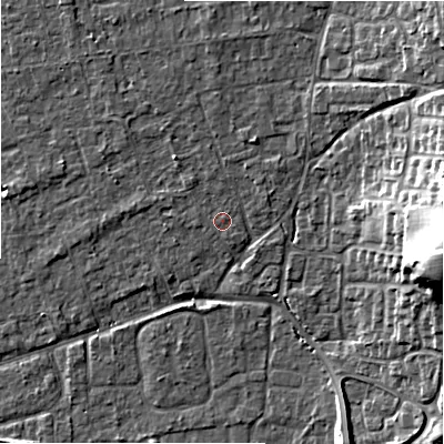 Shaded relief map of the ground around BH241TR, computed from Environment Agency LiDAR. The ground here sits at about 22 m above sea level and falls 21 m across the surrounding 800 m. Surface water reaching this point runs off ground lying to the north-west, 1.6 m higher.