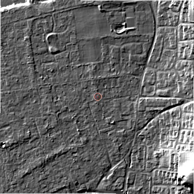 Shaded relief map of the ground around BH241TS, computed from Environment Agency LiDAR. The ground here sits at about 23 m above sea level and falls 21 m across the surrounding 800 m. Surface water reaching this point runs off ground lying to the north-north-west, 1.0 m higher.