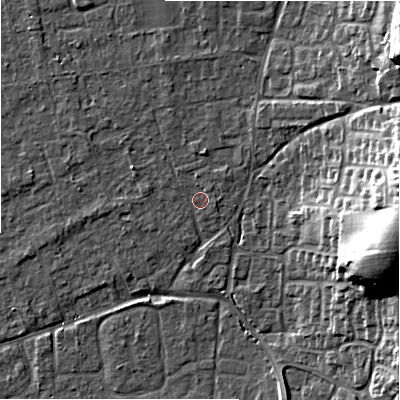 Shaded relief map of the ground around BH241TT, computed from Environment Agency LiDAR. The ground here sits at about 22 m above sea level and falls 22 m across the surrounding 800 m. Surface water reaching this point runs off ground lying to the north-east, 15.8 m higher.