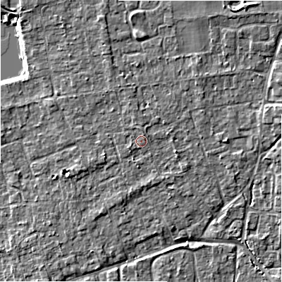 Shaded relief map of the ground around BH241TU, computed from Environment Agency LiDAR. The ground here sits at about 22 m above sea level and falls 7 m across the surrounding 800 m. Surface water reaching this point runs off ground lying to the north, 0.8 m higher.
