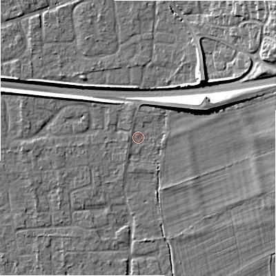 Shaded relief map of the ground around BH241UN, computed from Environment Agency LiDAR. The ground here sits at about 21 m above sea level and falls 11 m across the surrounding 800 m. Surface water reaching this point runs off ground lying to the east-north-east, 8.1 m higher.
