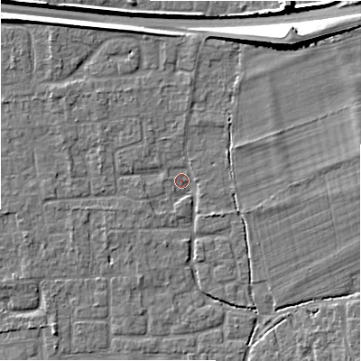 Shaded relief map of the ground around BH241UR, computed from Environment Agency LiDAR. The ground here sits at about 20 m above sea level and falls 10 m across the surrounding 800 m. Surface water reaching this point runs off ground lying to the north-east, 9.7 m higher.