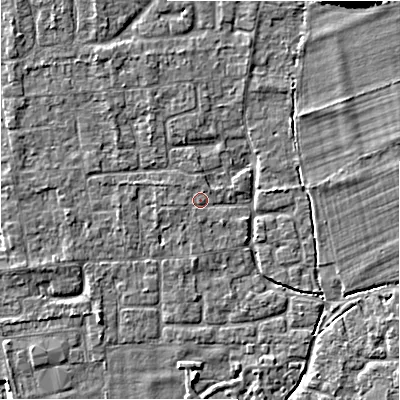 Shaded relief map of the ground around BH241UT, computed from Environment Agency LiDAR. The ground here sits at about 20 m above sea level and falls 12 m across the surrounding 800 m. Surface water reaching this point runs off ground lying to the west, 0.8 m higher.