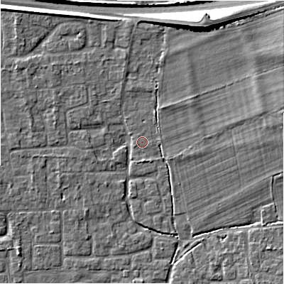 Shaded relief map of the ground around BH241UW, computed from Environment Agency LiDAR. The ground here sits at about 21 m above sea level and falls 10 m across the surrounding 800 m. Surface water reaching this point runs off ground lying to the north-north-east, 8.3 m higher.