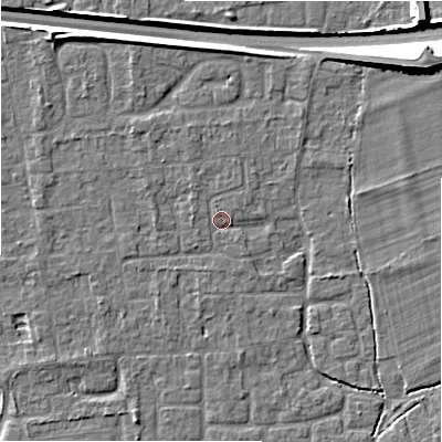 Shaded relief map of the ground around BH241UY, computed from Environment Agency LiDAR. The ground here sits at about 21 m above sea level and falls 11 m across the surrounding 800 m. Surface water reaching this point runs off ground lying to the north-north-west, 1.5 m higher.