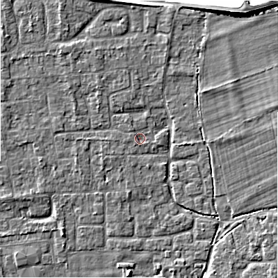 Shaded relief map of the ground around BH241XF, computed from Environment Agency LiDAR. The ground here sits at about 20 m above sea level and falls 10 m across the surrounding 800 m. Surface water reaching this point runs off ground lying to the west-north-west, 0.7 m higher.