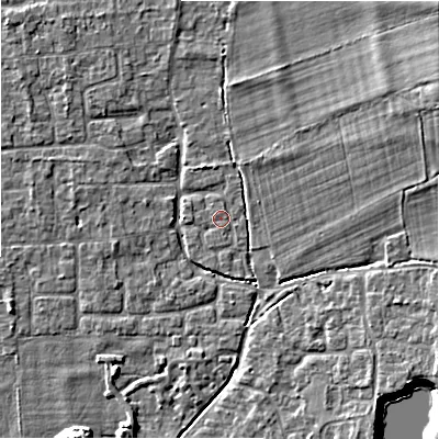 Shaded relief map of the ground around BH241XT, computed from Environment Agency LiDAR. The ground here sits at about 20 m above sea level and falls 11 m across the surrounding 800 m. Surface water reaching this point runs off ground lying to the north-north-east, 1.6 m higher.
