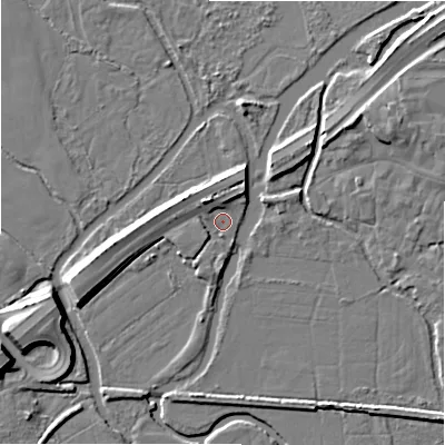 Shaded relief map of the ground around BH242AA, computed from Environment Agency LiDAR. The ground here sits at about 15 m above sea level and falls 10 m across the surrounding 800 m. Surface water reaching this point runs off ground lying to the north-west, 3.2 m higher.