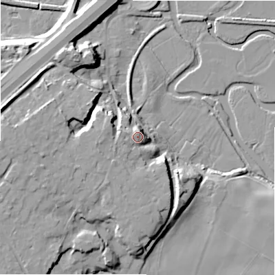 Shaded relief map of the ground around BH242AH, computed from Environment Agency LiDAR. The ground here sits at about 26 m above sea level and falls 20 m across the surrounding 800 m. Surface water reaching this point runs off ground lying to the west-south-west, 2.1 m higher.