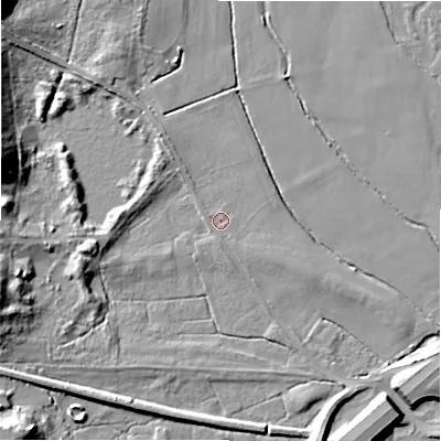 Shaded relief map of the ground around BH242DE, computed from Environment Agency LiDAR. The ground here sits at about 16 m above sea level and falls 20 m across the surrounding 800 m. Surface water reaching this point runs off ground lying to the west, 1.0 m higher.
