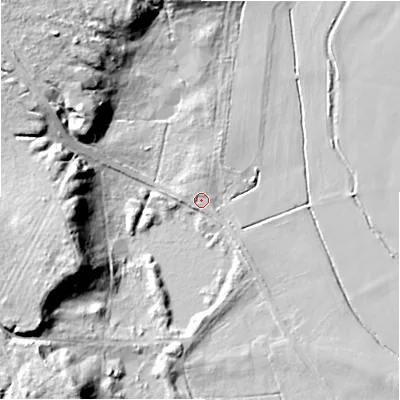 Shaded relief map of the ground around BH242DF, computed from Environment Agency LiDAR. The ground here sits at about 17 m above sea level and falls 29 m across the surrounding 800 m. Surface water reaching this point runs off ground lying to the west-south-west, 26.4 m higher.