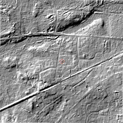 Shaded relief map of the ground around BH242ER, computed from Environment Agency LiDAR. The ground here sits at about 20 m above sea level and falls 9 m across the surrounding 800 m. Surface water reaching this point runs off ground lying to the south-west, 2.7 m higher.
