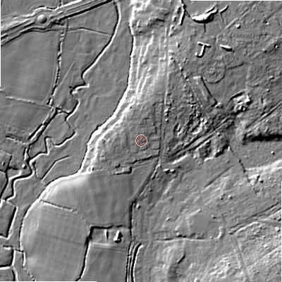 Shaded relief map of the ground around BH242RW, computed from Environment Agency LiDAR. The ground here sits at about 15 m above sea level and falls 10 m across the surrounding 800 m. Surface water reaching this point runs off ground lying to the north-north-west, 0.8 m higher.