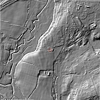 Shaded relief map of the ground around BH242RY, computed from Environment Agency LiDAR. The ground here sits at about 14 m above sea level and falls 9 m across the surrounding 800 m. Surface water reaching this point runs off ground lying to the north-north-west, 1.2 m higher.