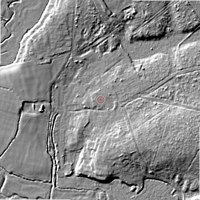 Shaded relief map of the ground around BH242RZ, computed from Environment Agency LiDAR. The ground here sits at about 13 m above sea level and falls 8 m across the surrounding 800 m. The ground contributing surface water to this point lies to the east-north-east.