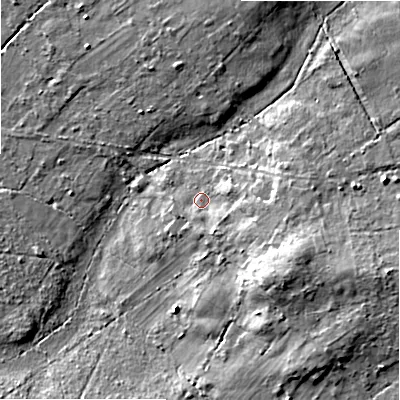 Shaded relief map of the ground around BH242SH, computed from Environment Agency LiDAR. The ground here sits at about 17 m above sea level and falls 12 m across the surrounding 800 m. Surface water reaching this point runs off ground lying to the east-south-east, 8.2 m higher.
