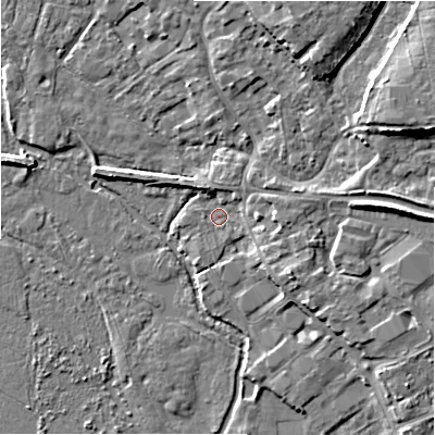Shaded relief map of the ground around BH243AA, computed from Environment Agency LiDAR. The ground here sits at about 14 m above sea level and falls 9 m across the surrounding 800 m. Surface water reaching this point runs off ground lying to the east, 6.4 m higher.