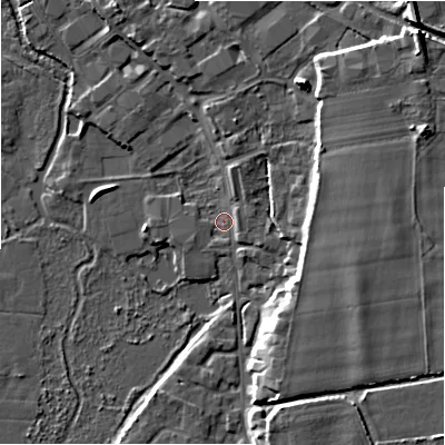 Shaded relief map of the ground around BH243AS, computed from Environment Agency LiDAR. The ground here sits at about 13 m above sea level and falls 11 m across the surrounding 800 m. Surface water reaching this point runs off ground lying to the east, 1.9 m higher.